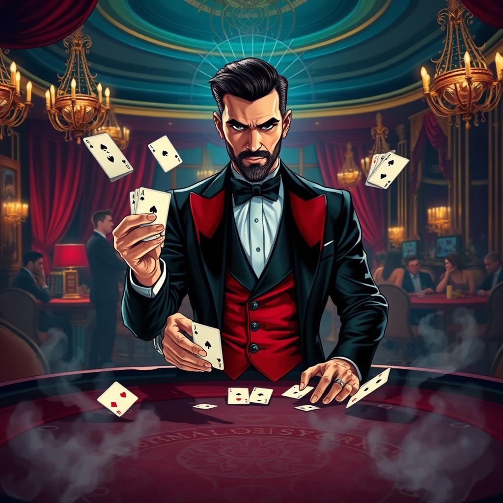 A charismatic man magician gambler, exuding charm and mystery, stands confidently at a lavishly decorated gaming table in a dimly lit, upscale casino