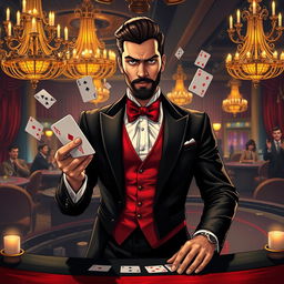 A charismatic man magician gambler, exuding charm and mystery, stands confidently at a lavishly decorated gaming table in a dimly lit, upscale casino