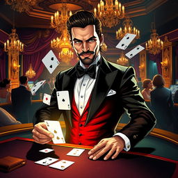 A charismatic man magician gambler, exuding charm and mystery, stands confidently at a lavishly decorated gaming table in a dimly lit, upscale casino