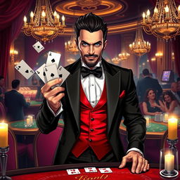 A charismatic man magician gambler, exuding charm and mystery, stands confidently at a lavishly decorated gaming table in a dimly lit, upscale casino