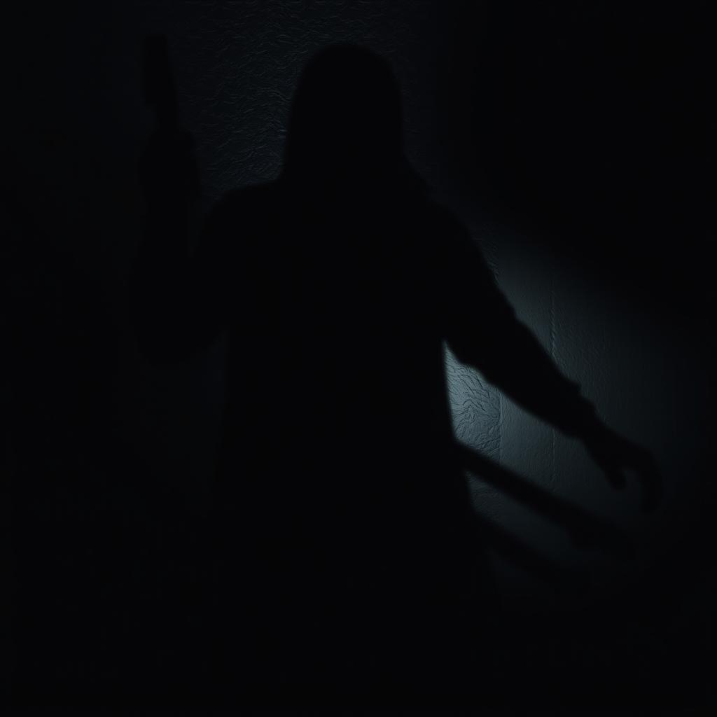 A suspenseful scene depicting a shadowy figure of a killer holding a weapon, casting a dramatic shadow on a textured wall