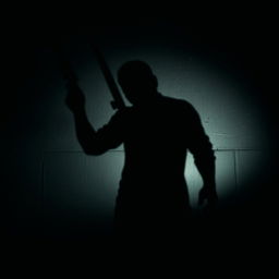 A suspenseful scene depicting a shadowy figure of a killer holding a weapon, casting a dramatic shadow on a textured wall