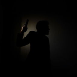 A suspenseful scene depicting a shadowy figure of a killer holding a weapon, casting a dramatic shadow on a textured wall