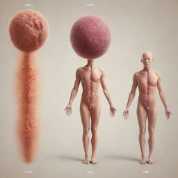 Visual representation of the transformative journey from a single human cell into a full-grown human body capturing different stages of development.