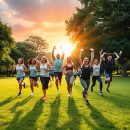 An inspiring scene showcasing the connection between fitness and brain power, featuring a diverse group of individuals engaged in various physical activities such as running, yoga, and weightlifting in a lush park setting