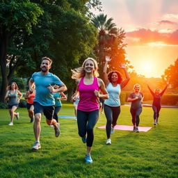 An inspiring scene showcasing the connection between fitness and brain power, featuring a diverse group of individuals engaged in various physical activities such as running, yoga, and weightlifting in a lush park setting