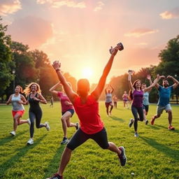 An inspiring scene showcasing the connection between fitness and brain power, featuring a diverse group of individuals engaged in various physical activities such as running, yoga, and weightlifting in a lush park setting