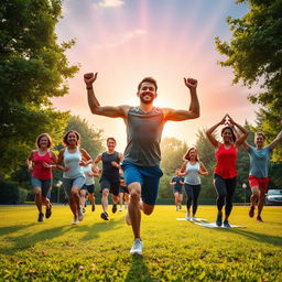 An inspiring scene showcasing the connection between fitness and brain power, featuring a diverse group of individuals engaged in various physical activities such as running, yoga, and weightlifting in a lush park setting