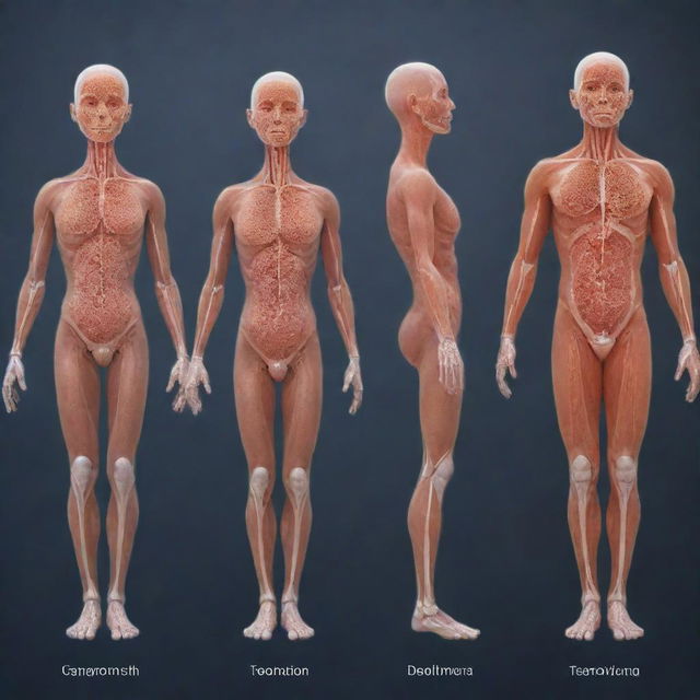 Visual representation of the transformative journey from a single human cell into a full-grown human body capturing different stages of development.