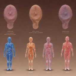 Visual representation of the transformative journey from a single human cell into a full-grown human body capturing different stages of development.