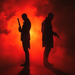 A tense scene featuring two killers standing back-to-back, each holding a weapon, immersed in a dramatic shadow play