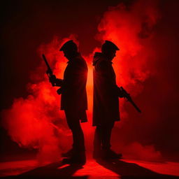 A tense scene featuring two killers standing back-to-back, each holding a weapon, immersed in a dramatic shadow play