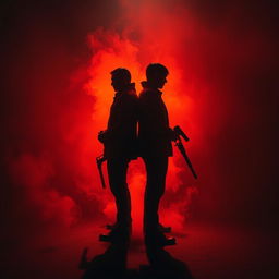 A tense scene featuring two killers standing back-to-back, each holding a weapon, immersed in a dramatic shadow play