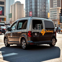 A modern 2023 Volkswagen Caddy, customized for delivery purposes, featuring a sleek and aerodynamic design, with a vibrant delivery logo on the side