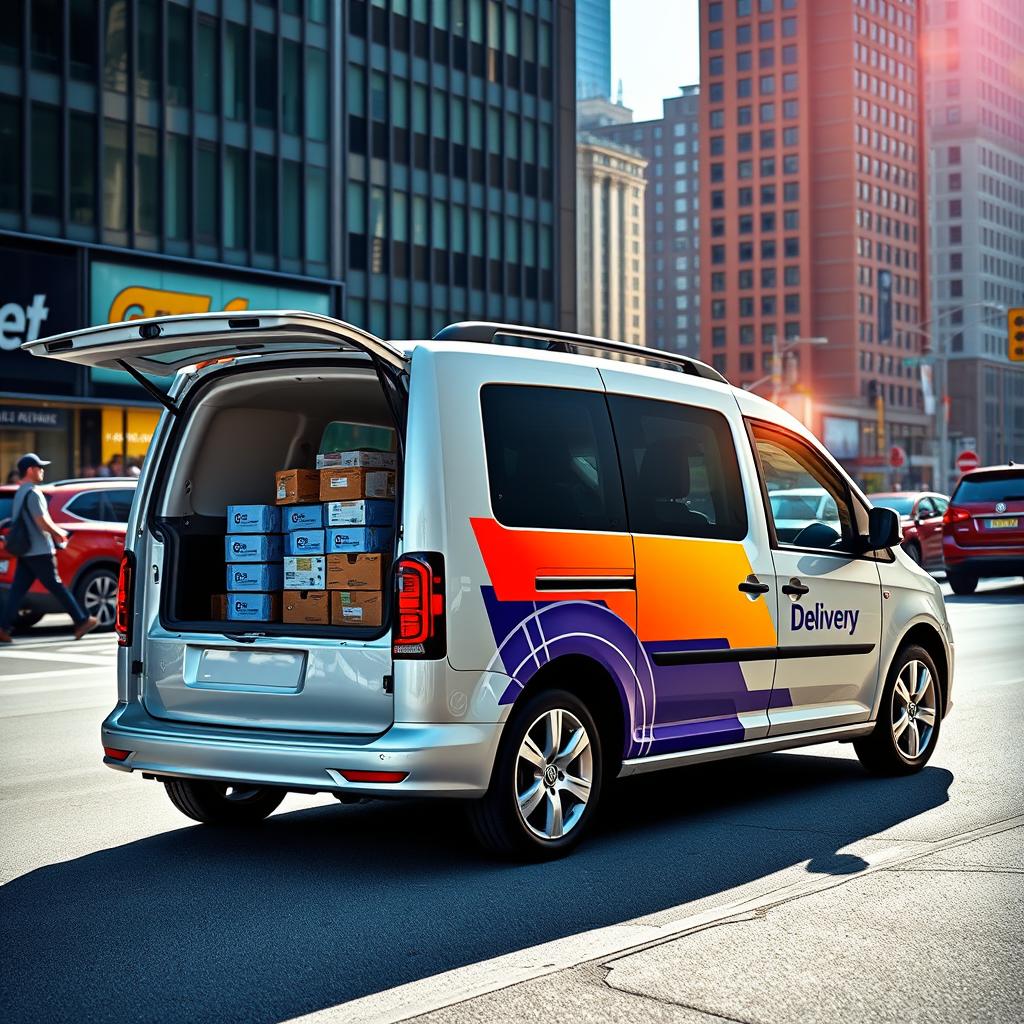 A modern 2023 Volkswagen Caddy, customized for delivery purposes, featuring a sleek and aerodynamic design, with a vibrant delivery logo on the side