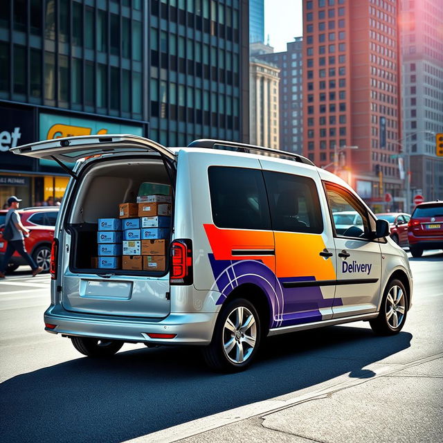 A modern 2023 Volkswagen Caddy, customized for delivery purposes, featuring a sleek and aerodynamic design, with a vibrant delivery logo on the side