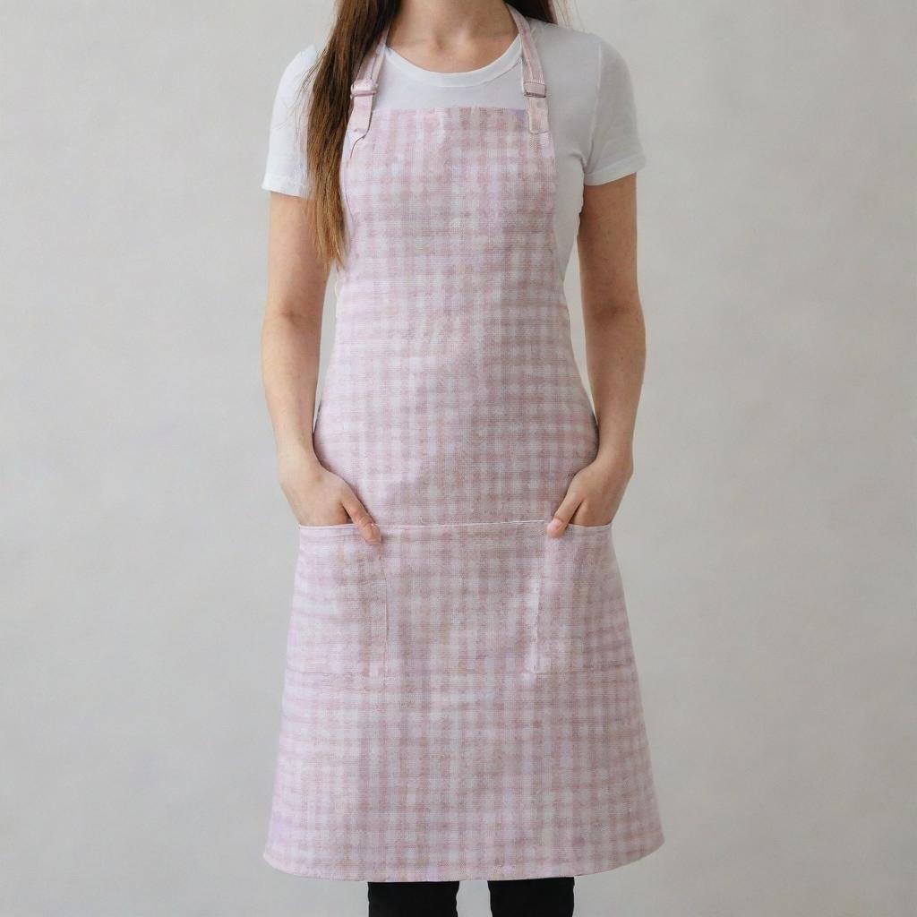 An apron with classic design, made from checkered cotton fabric, featuring front pockets and adjustable straps.