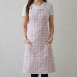 An apron with classic design, made from checkered cotton fabric, featuring front pockets and adjustable straps.