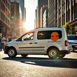 A modern 2023 Volkswagen Caddy, customized for delivery purposes, featuring a sleek and aerodynamic design, with a vibrant delivery logo on the side