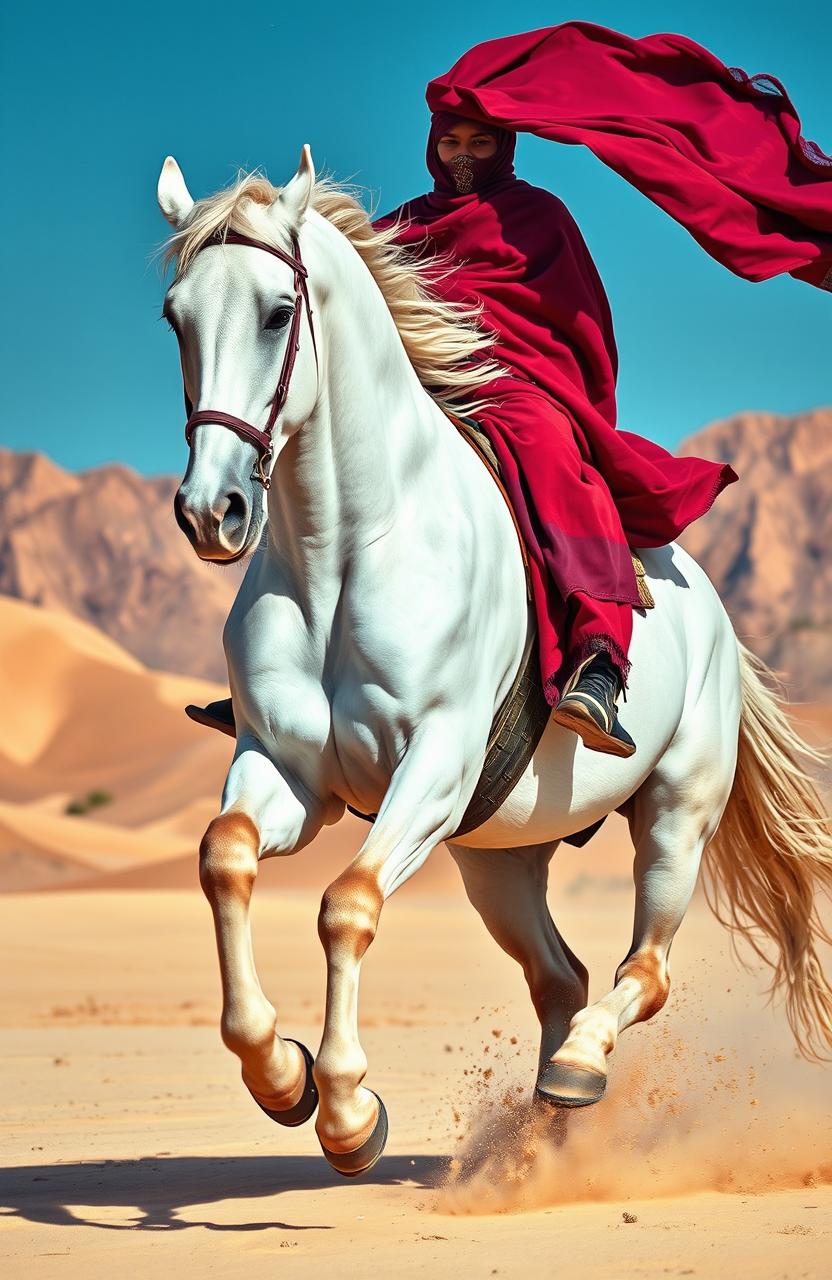 A rider on a purebred white horse charging towards sand dune mountains, wearing a long flowing robe in rich red and purple hues