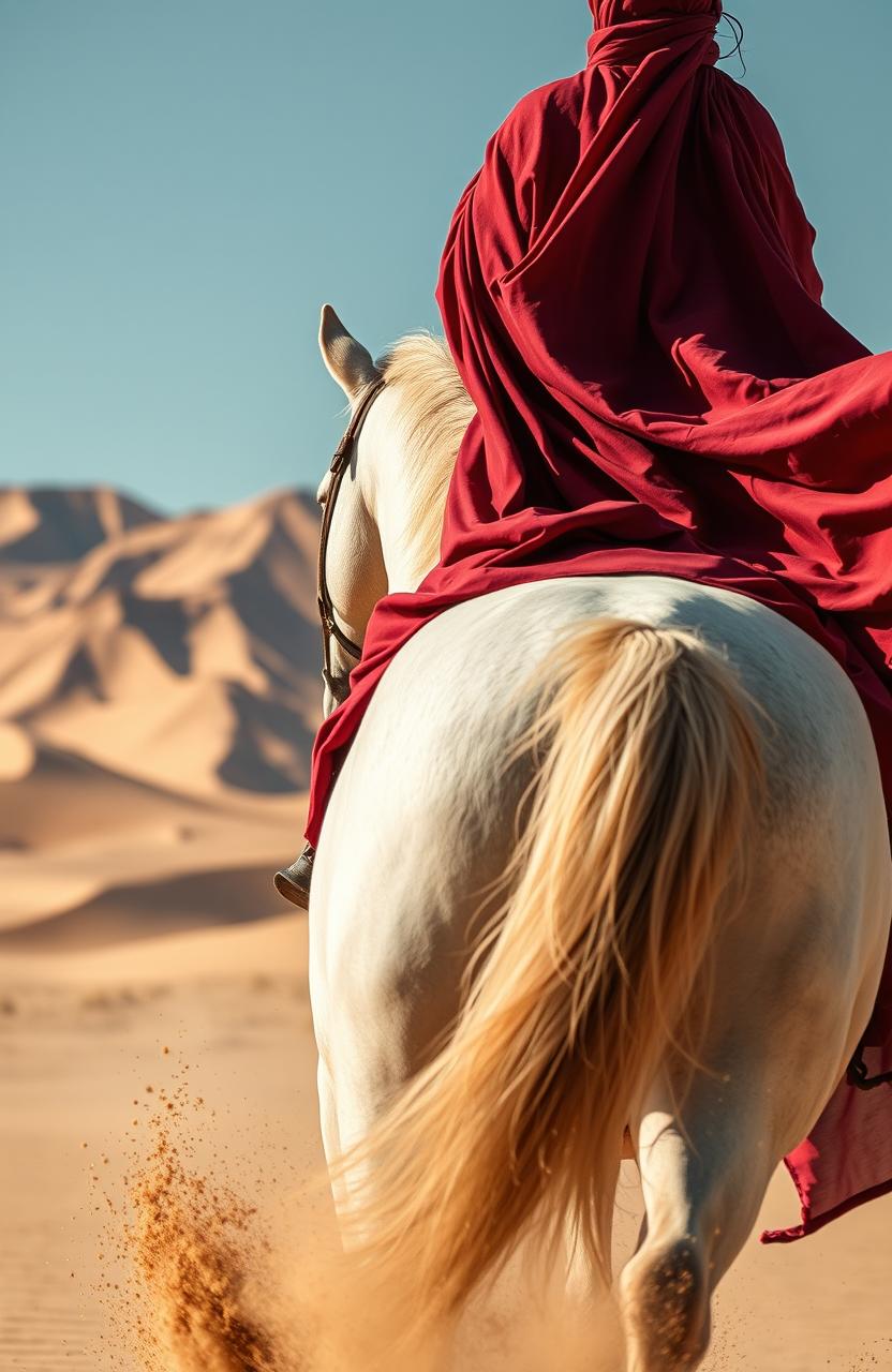 A rider on a purebred white horse charging towards sand dune mountains, wearing a long flowing robe in rich red and purple hues