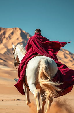 A rider on a purebred white horse charging towards sand dune mountains, wearing a long flowing robe in rich red and purple hues