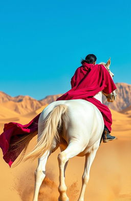 A rider on a purebred white horse charging towards sand dune mountains, wearing a long flowing robe in rich red and purple hues