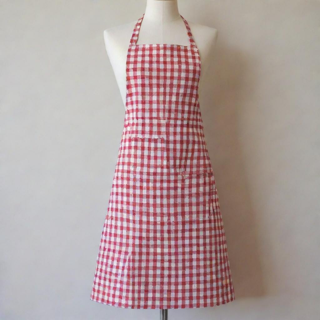 An apron with classic design, made from checkered cotton fabric, featuring front pockets and adjustable straps.