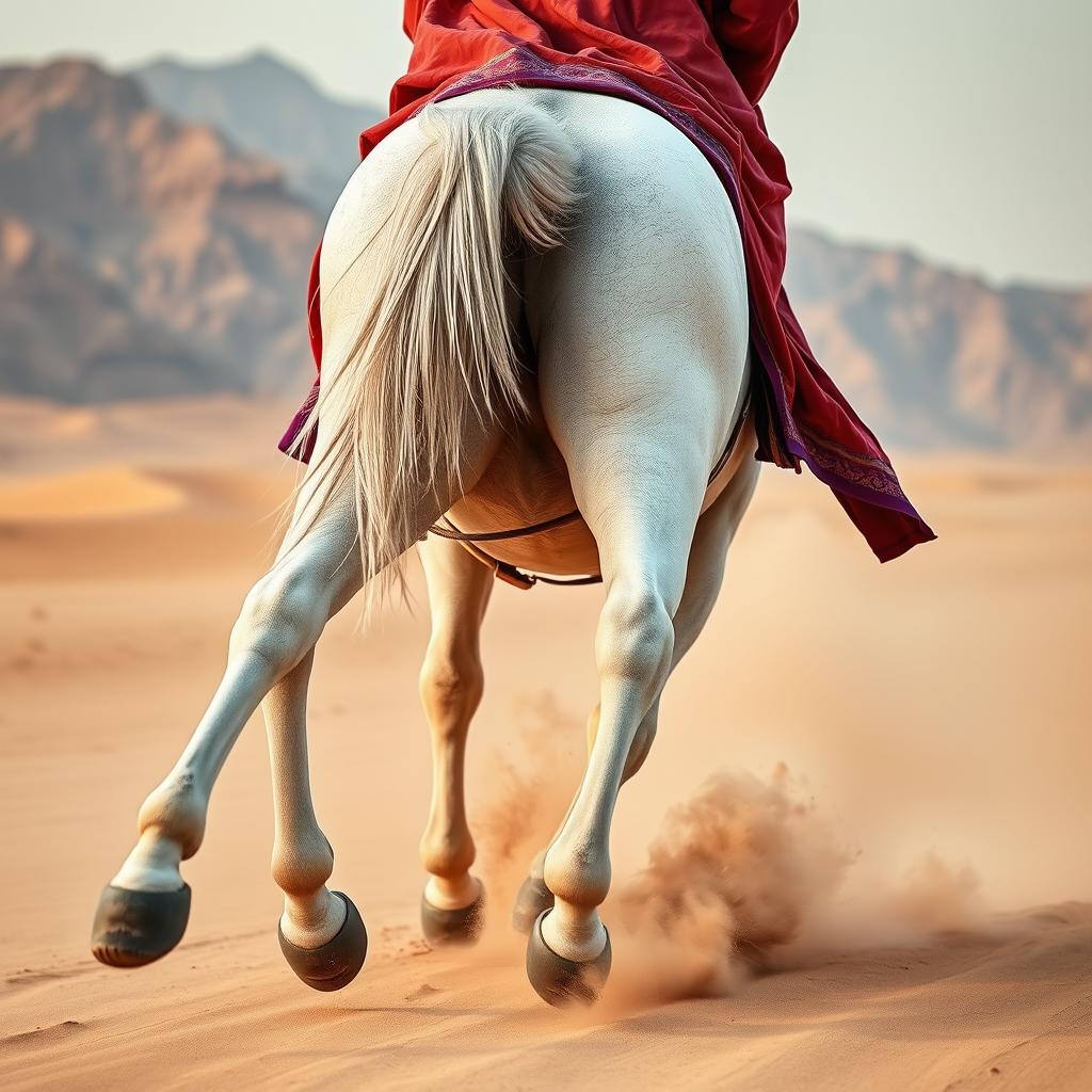 A close-up view of a white purebred horse's legs in motion alongside the rider's legs, with no visible body or face of the rider