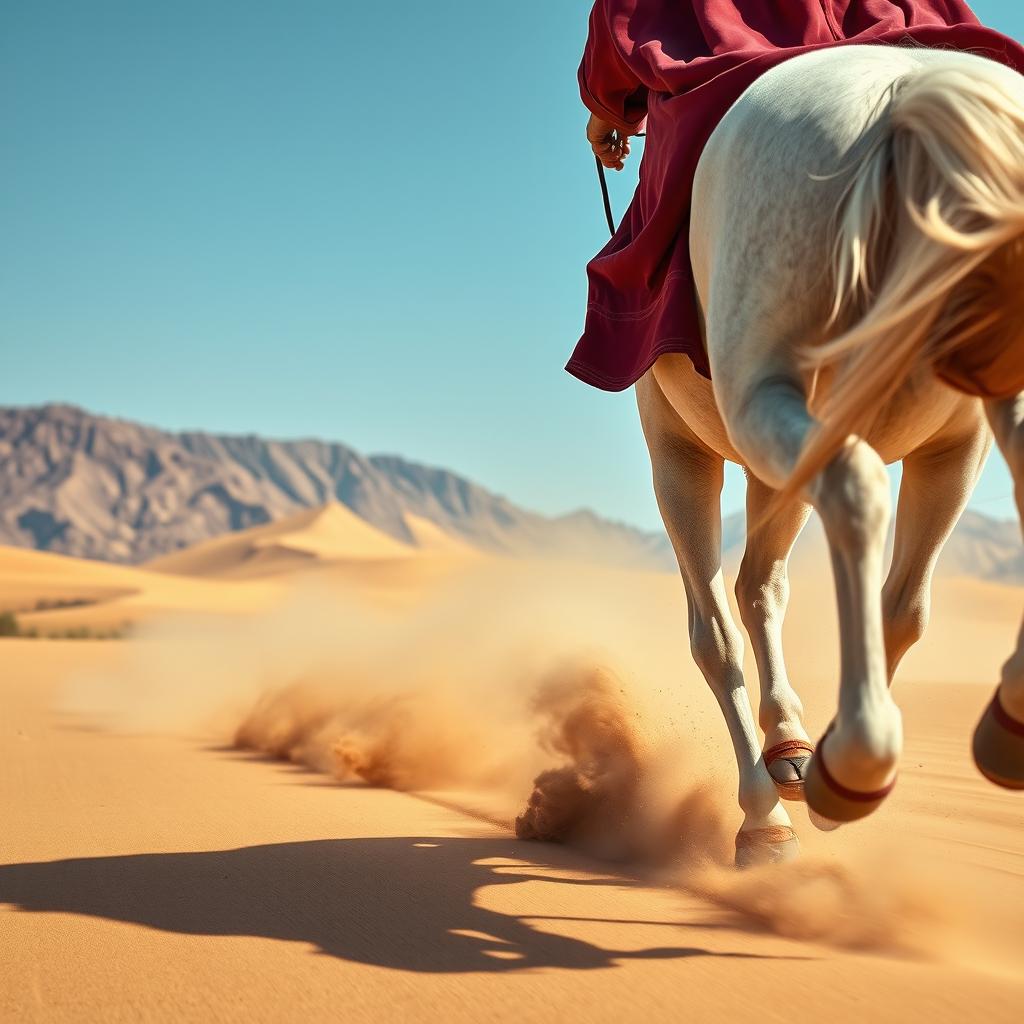 A close-up view of a white purebred horse's legs in motion alongside the rider's legs, with no visible body or face of the rider