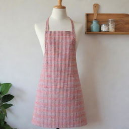 An apron with classic design, made from checkered cotton fabric, featuring front pockets and adjustable straps.