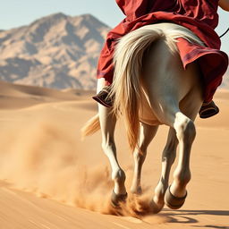 A close-up view of a white purebred horse's legs in motion alongside the rider's legs, with no visible body or face of the rider