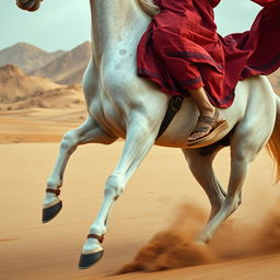 A close-up view of a white purebred horse's legs in motion alongside the rider's legs, with no visible body or face of the rider