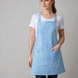 An apron with classic design, made from checkered cotton fabric, featuring front pockets and adjustable straps.