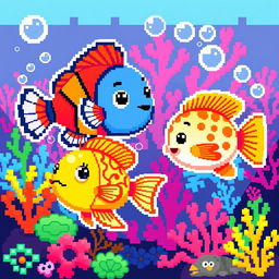 A colorful and stylized pixel art representation of various fish, showcasing vibrant colors like blues, oranges, and pinks