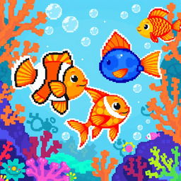 A colorful and stylized pixel art representation of various fish, showcasing vibrant colors like blues, oranges, and pinks