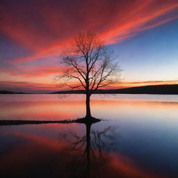 A mesmerizing twilight sky, bathed in hues of red and orange, with the silhouette of a lonely tree and a calm lake reflecting the vibrant sky.