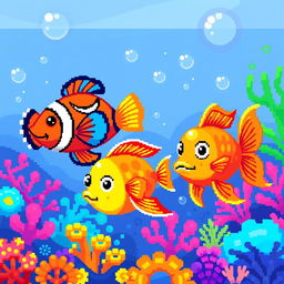 A colorful and stylized pixel art representation of various fish, showcasing vibrant colors like blues, oranges, and pinks