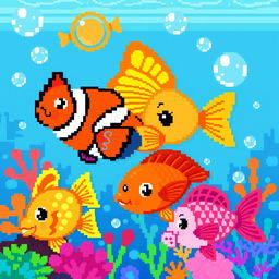 A colorful and stylized pixel art representation of various fish, showcasing vibrant colors like blues, oranges, and pinks