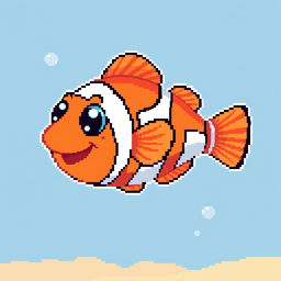 A singular, vibrant pixel art fish, specifically a clownfish