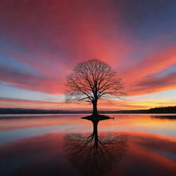 A mesmerizing twilight sky, bathed in hues of red and orange, with the silhouette of a lonely tree and a calm lake reflecting the vibrant sky.