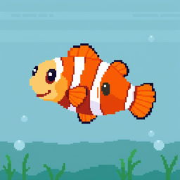 A singular, vibrant pixel art fish, specifically a clownfish