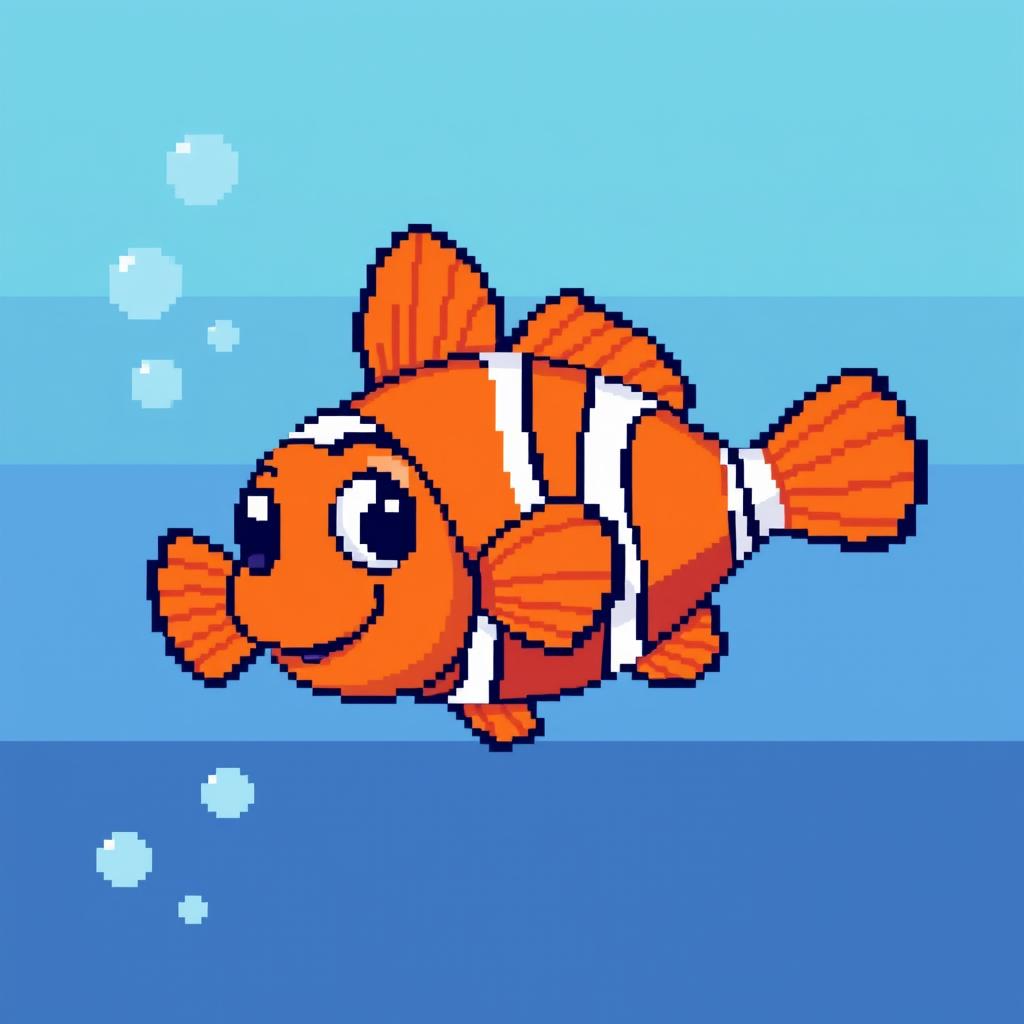 A singular, vibrant pixel art fish, specifically a clownfish