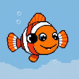 A singular, vibrant pixel art fish, specifically a clownfish