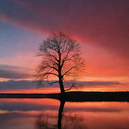 A mesmerizing twilight sky, bathed in hues of red and orange, with the silhouette of a lonely tree and a calm lake reflecting the vibrant sky.