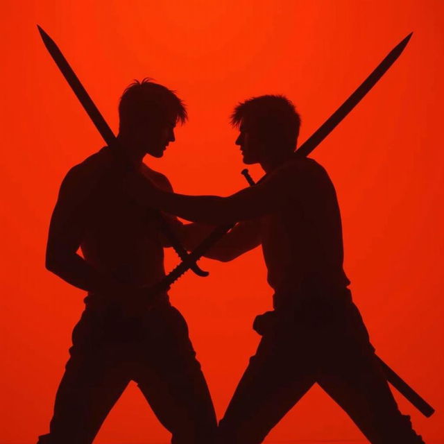 Two male silhouettes engaged in a dramatic pose, holding swords