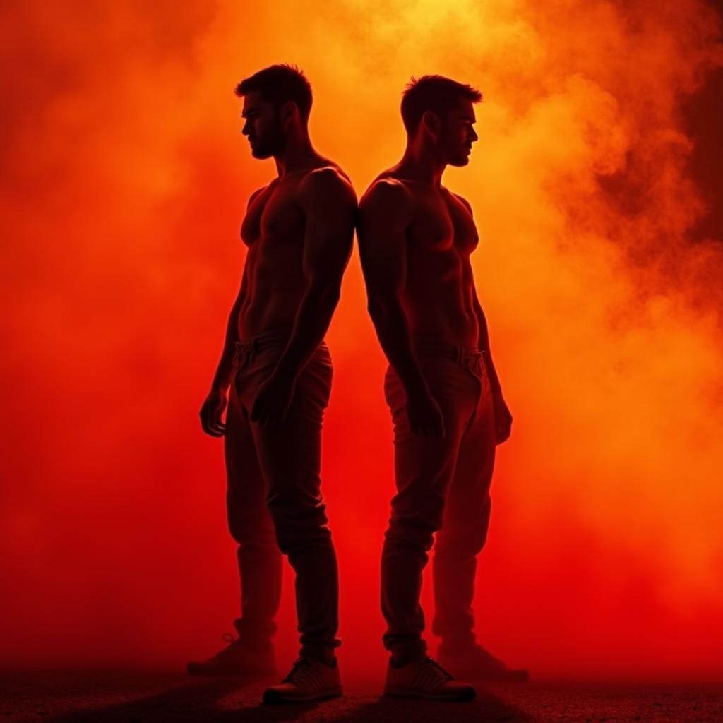 Two male silhouettes standing back-to-back in a dramatic pose