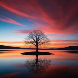 A mesmerizing twilight sky, bathed in hues of red and orange, with the silhouette of a lonely tree and a calm lake reflecting the vibrant sky.