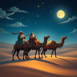 The three wise men of the East traveling on their camels under a starry sky