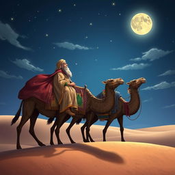 The three wise men of the East traveling on their camels under a starry sky